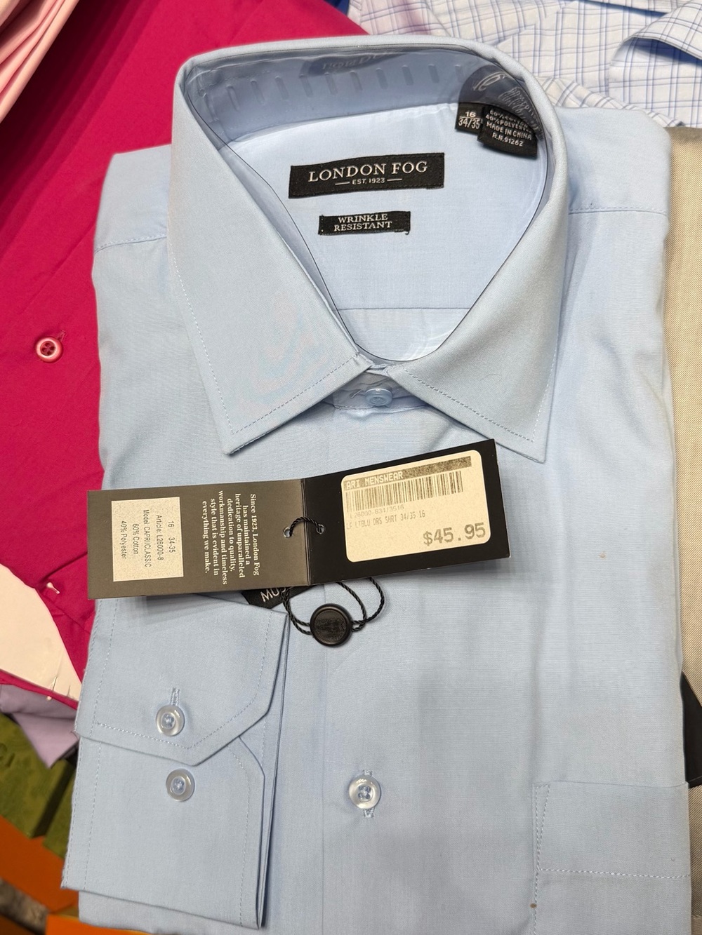London Fog Men's Light Blue Dress Shirt - Classic Point Collar 16 34/35